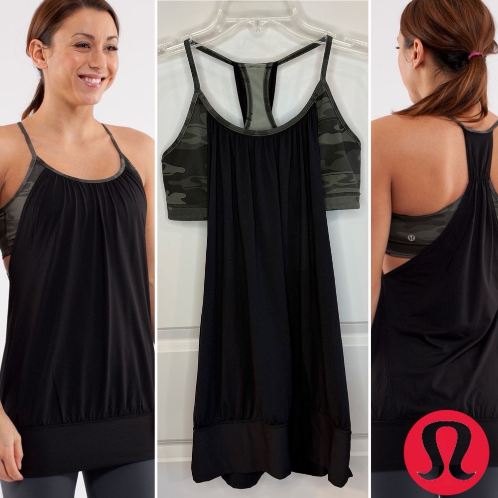 Lululemon No Limit Black & Camo Yoga Tank Top Women’s 8 with Shelf Bra W1575S